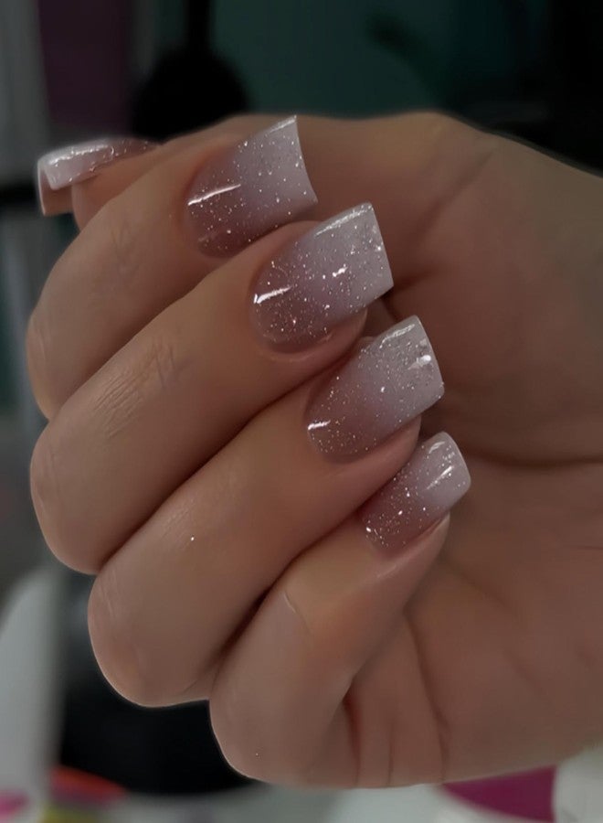 YoYoee Short Square Press on Nails - Nude False Nails Gradient Fake Nails Galaxy Full Cover Acrylic Nails Tips for Women 24Pes - Image 1